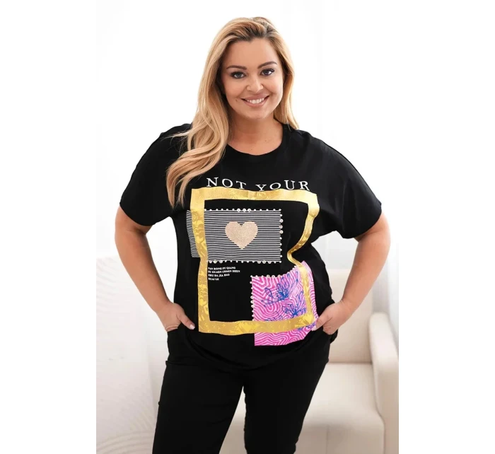 Dámská bavlněná halenka Plus Size se zlatým nápisem černá + žlutá