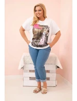 Dámská bavlněná halenka Plus Size s barevným potiskem bílá + růžová