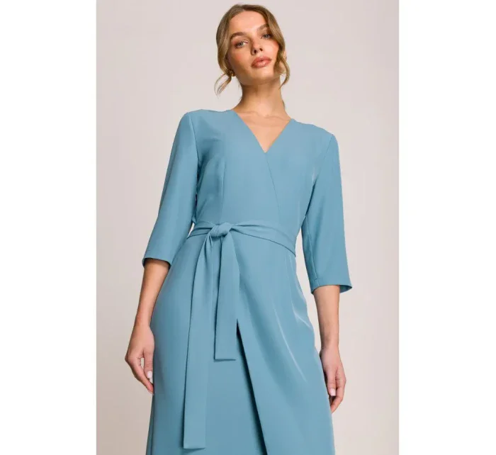 S396 Šaty se zavinovacími detaily ve střední délce - nebesky modré