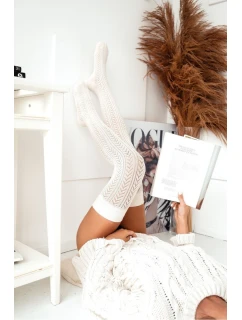 Dámské ažurové nadkolenky se vzorem rybí kost – ecru