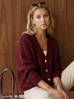Kardigan damski luźny na guziki bordowy FashionStreet MY2572