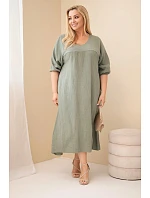 Dámské šaty plus size z bavlněného mušelínu s výstřihem do V khaki