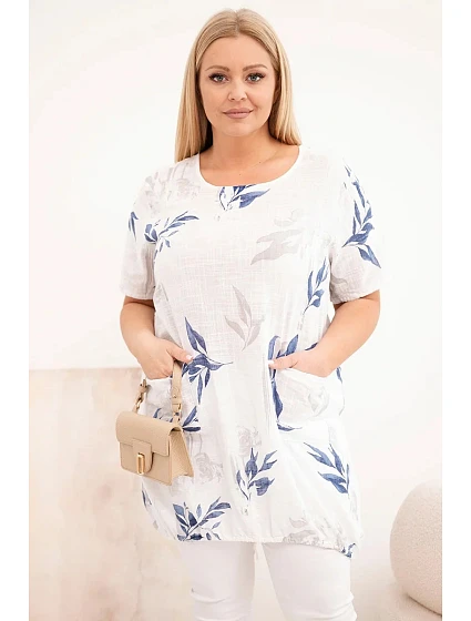 Dámská bavlněná halenka Plus Size s krátkým rukávem a vázáním dole bílá