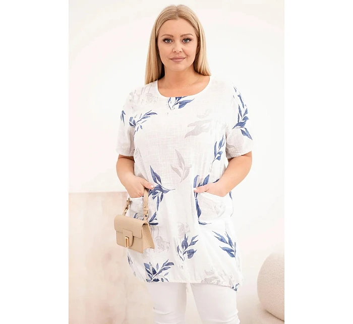 Dámská bavlněná halenka Plus Size s krátkým rukávem a vázáním dole bílá