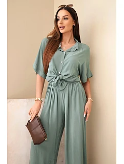 Dámský viskózový model 22185765 komplet se širokými kalhotami khaki - K-Fashion