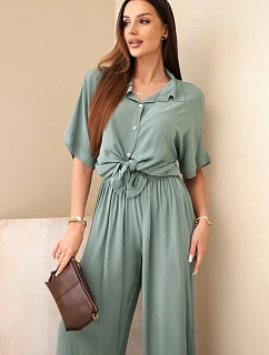 Dámský viskózový model 22185765 komplet se širokými kalhotami khaki - K-Fashion