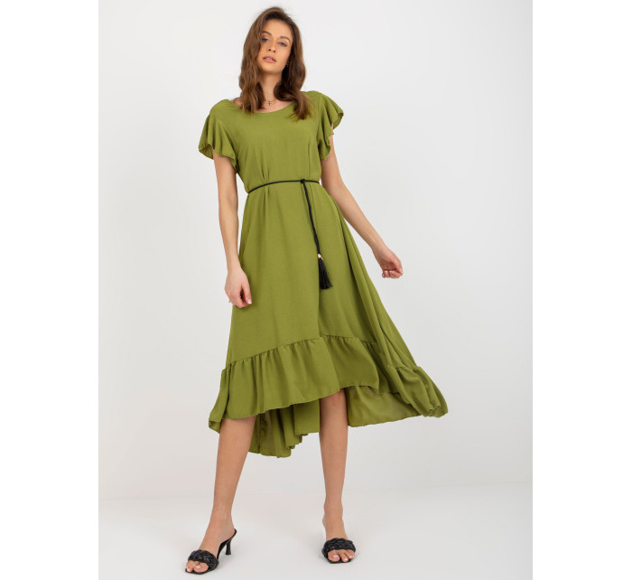 Olivové šaty s volánem a spleteným páskem