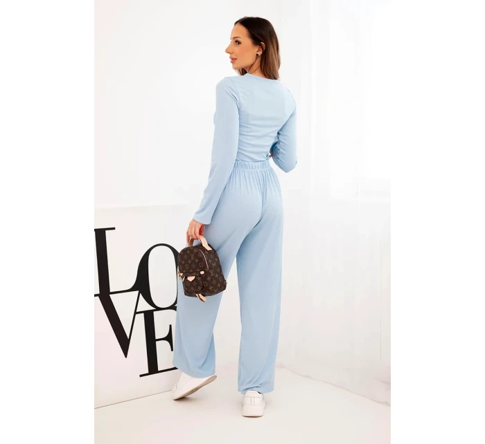 Dámský viskózový komplet s blůzkou a širokými kalhotami modrý