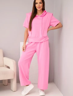 Dámský máslový komplet mikina s kapucí a volné kalhoty se šňůrkou světle růžová