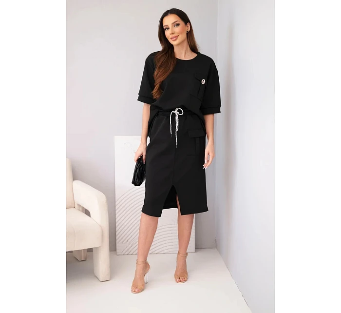 Dámský máslový komplet s blůzkou a midi sukní černý