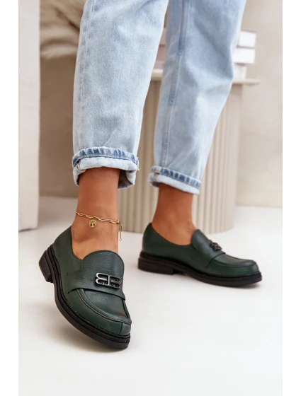 model 21669269 Kožené Elegantní Polobotky Dámské Na Plochém Podpatku Tmavě Zelené - Zazoo