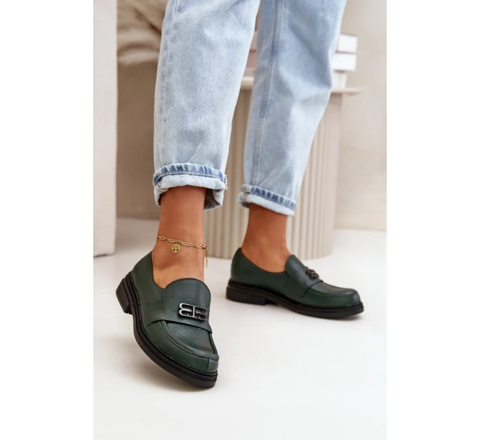 Zazoo 20174 Kožené Elegantní Polobotky Dámské Na Plochém Podpatku Tmavě Zelené