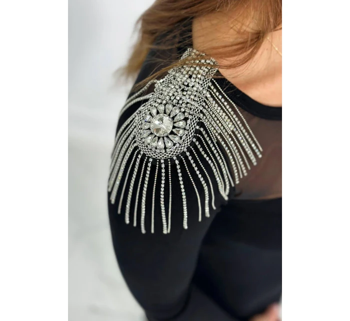 Pletené šaty se zdobením na jedno rameno černý Pletené šaty se zdobením na jedno rameno černý