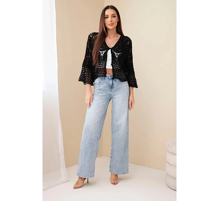 Dámský letní krajkový svetr s knoflíky a dlouhým rukávem černý