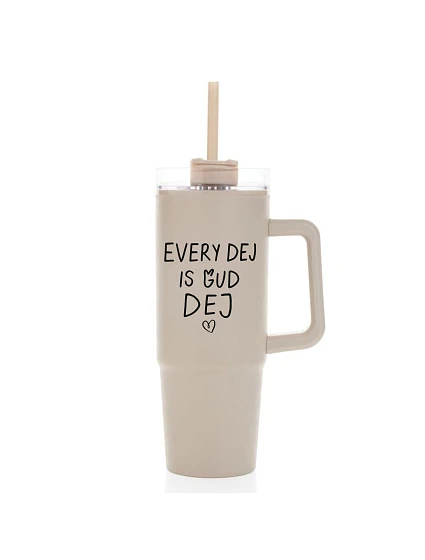 EVERY DEJ IS GUD DEJ - béžový cestovní hrnek s průhledným víčkem 900 ml