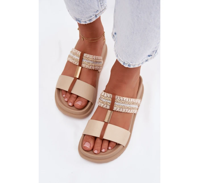 Dámské platformové pantofle se pásky a zlatým detailem Béžové Tahlia