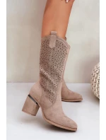 Dámské perforované kozačky do poloviny lýtka ve stylu kovbojek S.Barski – béžové, eko kůže Dámské perforované kozačky do poloviny lýtka ve stylu kovbojek S.Barski – béžové, eko kůže