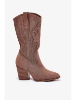 Dámské perforované kozačky ve stylu kovbojek na sloupkovém podpatku S.Barski – hnědé, eko kůže Dámské perforované kozačky ve stylu kovbojek na sloupkovém podpatku S.Barski – hnědé, eko kůže