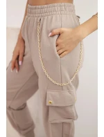 Dámské bavlněné cargo kalhoty s kapsami a řetízkem béžové