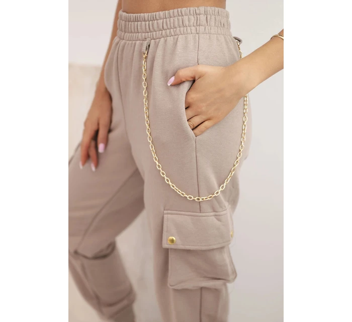 Dámské bavlněné cargo kalhoty s kapsami a řetízkem béžové