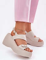 Kožené Dámské Sandály Na Klínku A Platformě S.Barski LR51-540 Béžové