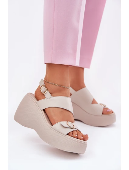 Kožené Dámské Sandály Na Klínku A Platformě model 21695737 Béžové - S.Barski