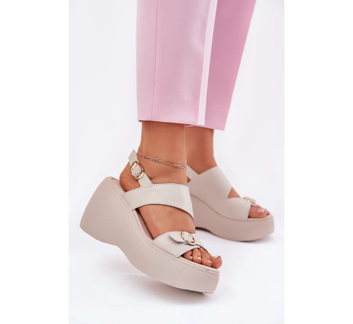 Kožené Dámské Sandály Na Klínku A Platformě model 21695737 Béžové - S.Barski