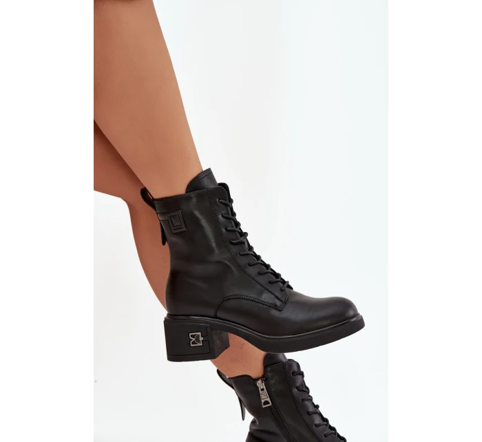 Zateplené dámské kotníkové boty z přírodní kůže na blokovém podpatku Vinceza – černé