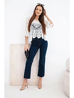 Dámský bavlněný ažurový svetr s krátkým rukávem a ozdobným vzorem bílý