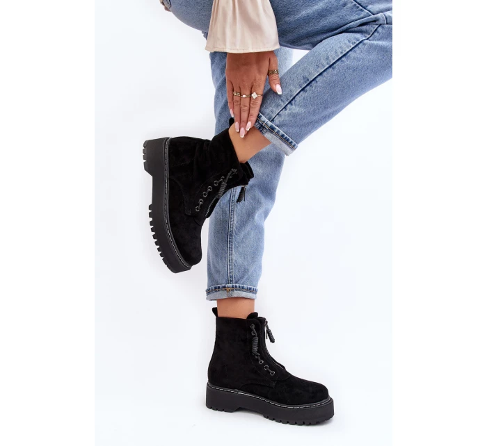 Zamszové Trapery Botky Dámské Na Tlusté Podešví Se Suwákem Černé Edivame