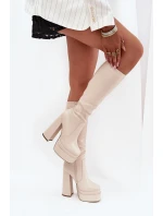 Zateplené dámské kozačky na podpatku a platformě světle béžové model 21704844 - Boto