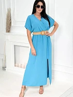 Dlouhé šaty s ozdobným páskem 6012F modré - Kesi