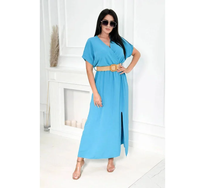 Dlouhé šaty s ozdobným páskem 6012F modré - Kesi