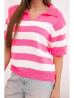 Dámský pruhovaný svetr s límečkem a krátkým rukávem neonově růžový Dámský pruhovaný svetr s límečkem a krátkým rukávem neonově růžový