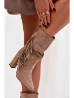 Zateplené dámské kotníkové boty na sloupkovém podpatku s třásněmi a řasením Darlina – béžové