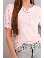 Dámská bavlněná žebrovaná halenka s nadýchaným rukávem a knoflíčky cukrově růžová