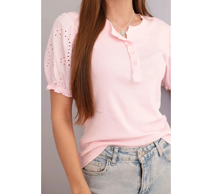 Dámská bavlněná žebrovaná halenka s nadýchaným rukávem a knoflíčky cukrově růžová