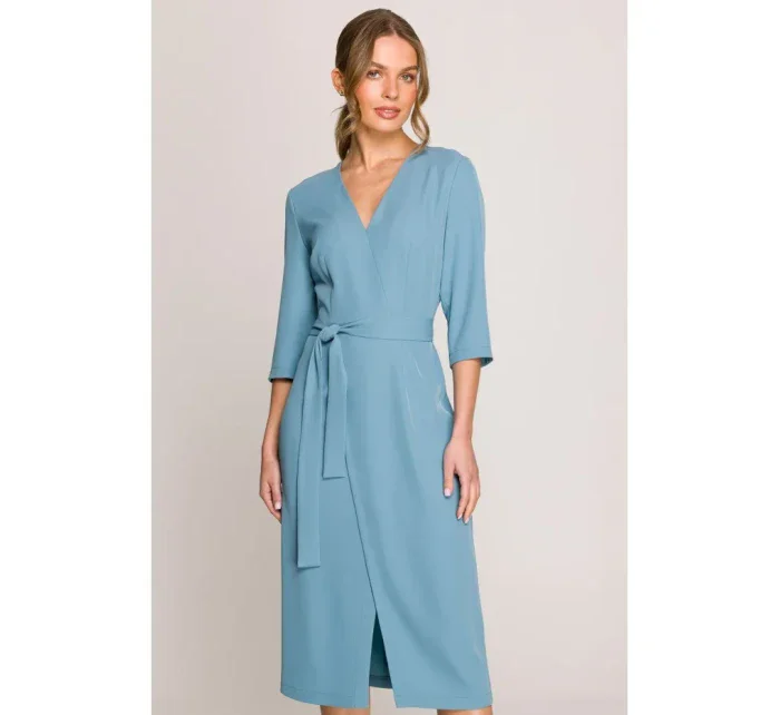 S396 Šaty se zavinovacími detaily ve střední délce - nebesky modré