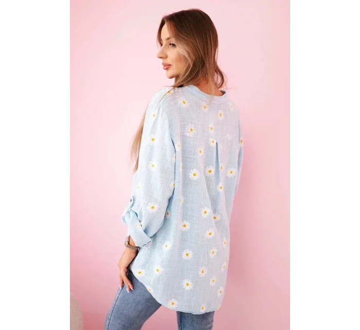 model 21911558 dámská halenka s květinovým vzorem, dlouhými rukávy a knoflíky Modrá - K-Fashion