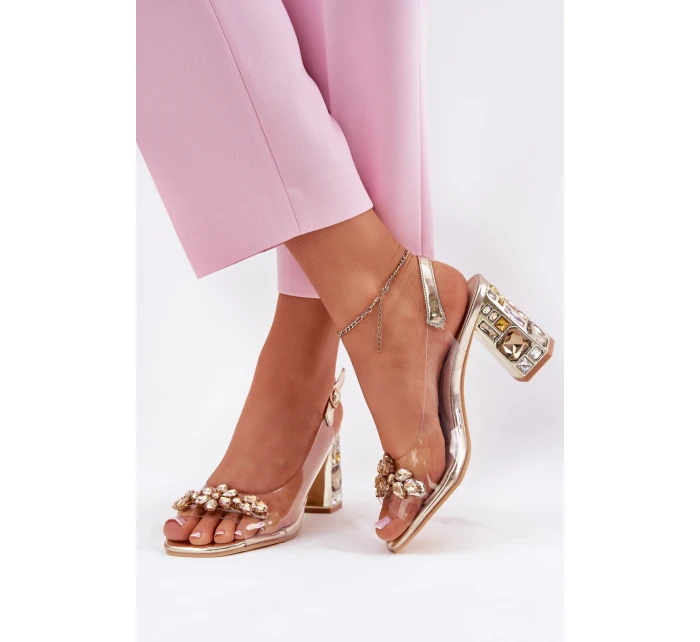 Průhledné sandály na podpatku s krystaly Vinceza 70110 zlaté