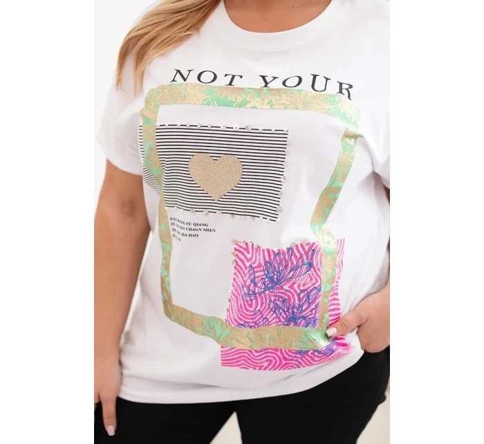 Dámská bavlněná halenka Plus Size se zlatým nápisem bílá + zelená