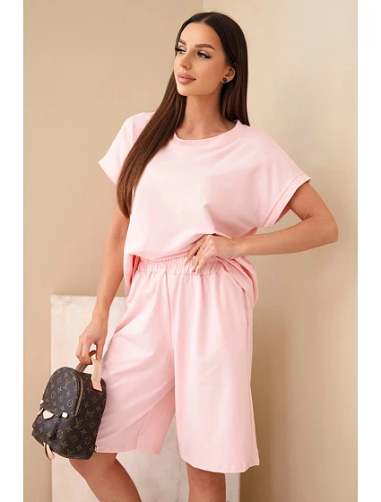 Dámská bavlněná souprava tričko krátký rukáv a kraťasy s gumou v pase pudrově růžová