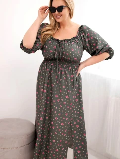 Dámská Plus Size s výstřihem na a elastickým pasem khaki model 21959140 - K-Fashion