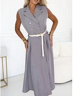 model 22214885 Elegantní midi košilka se zlatými knoflíky a páskem šedá - numoco basic
