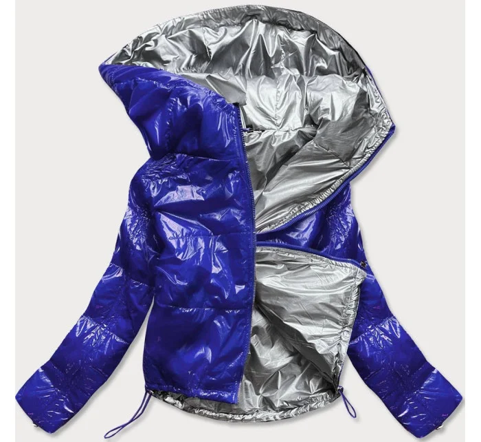 Světle modrá lesklá prošívaná dámská bunda s kapucí (B9560)