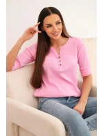 Dámská bavlněná blůza s dlouhým rukávem a knoflíky u výstřihu světle růžová
