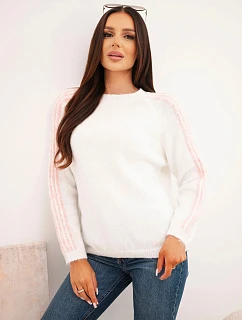 Dámský svetr s příměsí vlny a mohéru s pruhy na rukávech model 22540868 růžová - K-Fashion