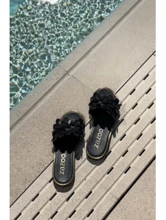 model 21684144 Dámské Kožené Pantofle Na Plochém Podpatku Černé - Zazoo