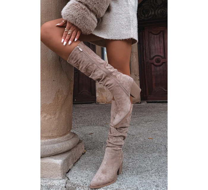 Dámské kozačky s horní částí na podpatku vyhřívané béžové model 21715049 - Boto