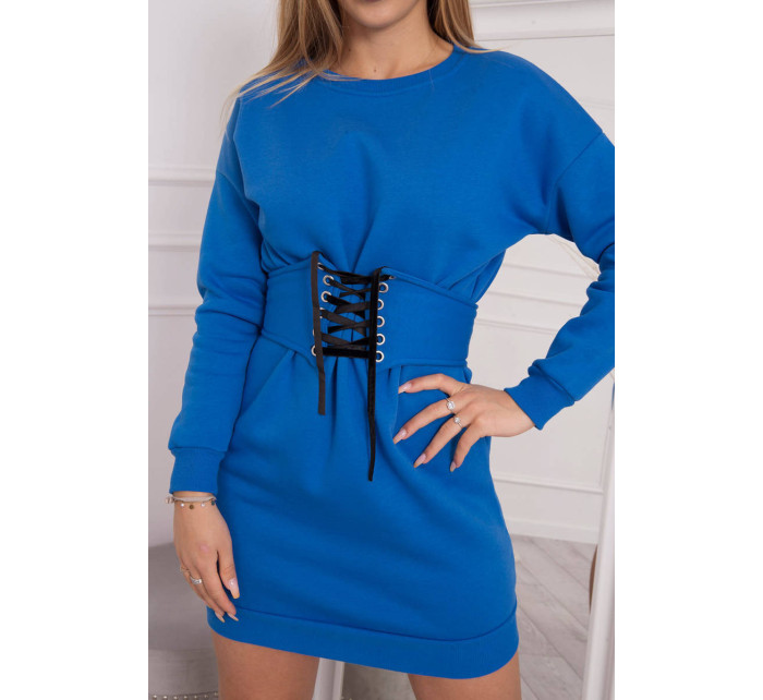 Zateplené šaty s ozdobným páskem fialově modré